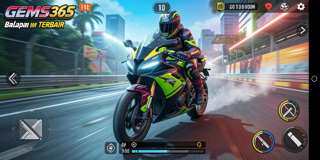 Gameplay GEMS365 dengan motor balap yang cepat dan trek menantang.